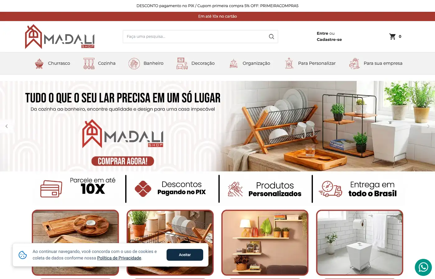 Captura de tela da Madali Shop — loja virtual de utilidades domésticas e produtos em madeira